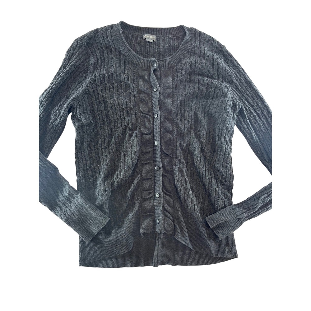 Eddie Bauer Womens XL Charcoal Gray Cable Knit Ruffle Button Front Cardigan AL10